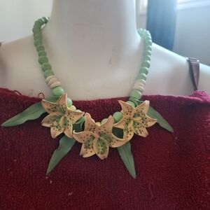 ** 3/15 ** Floral Beaded Necklace with Green and Cream Accents